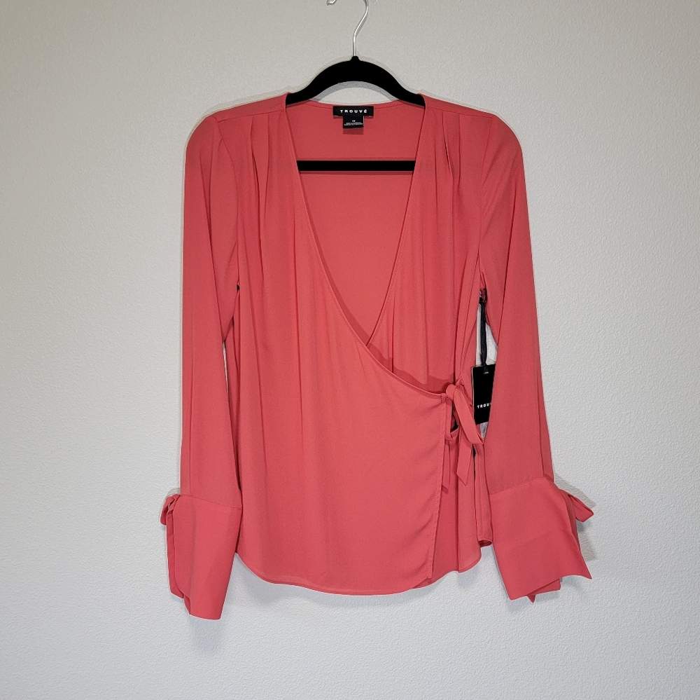 Trouve long sleeve wrap lightweight blouse cranberry color tie